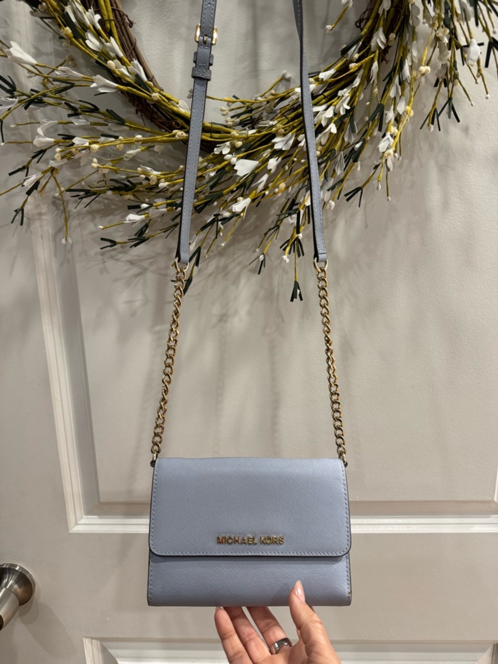 Michael Kors Light Blue Saffiano Crossbody with Gold Chain